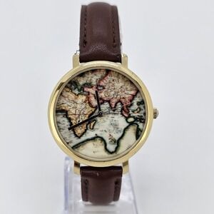 Women's World Map Watch 36MM Multicolor Dial Brown Leather Bands‎ NEW Battery